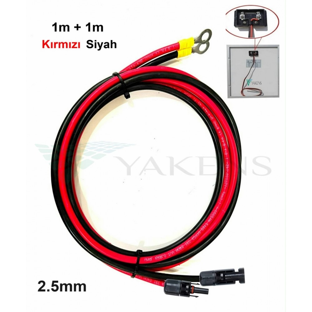 2.5mm (1m+1m) Güneş Paneli Arkası Kutu Uyumlu MC4 ve Halka Soketli Solar Panel Bağlantı Kablo Seti Siyah Kırmızı